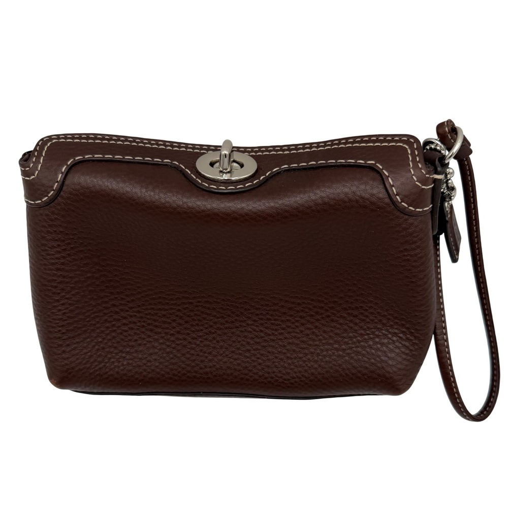 Coach Wristlet Bag Dark Brown Pebbled Leather Turnlock Pink Lining 8x5